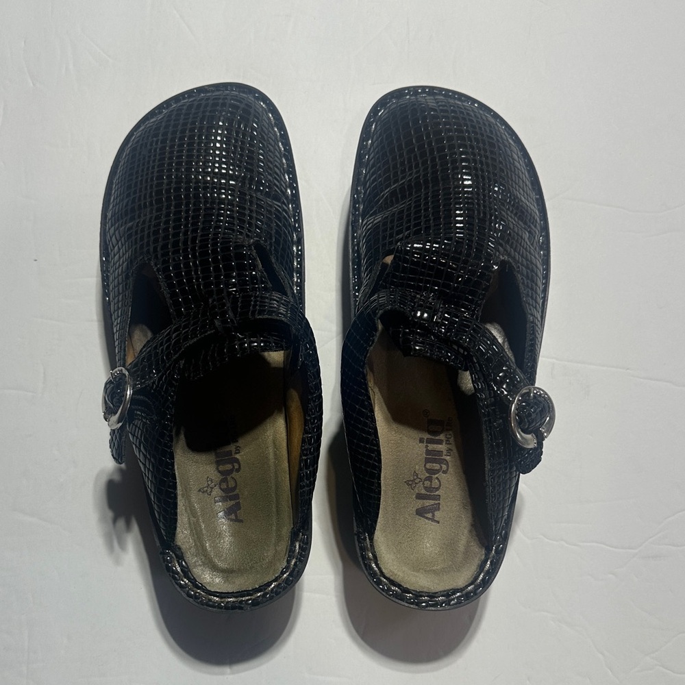 Alegria Black snakeskin Glossy Mary Jane slip on clogs w adjustable side strap